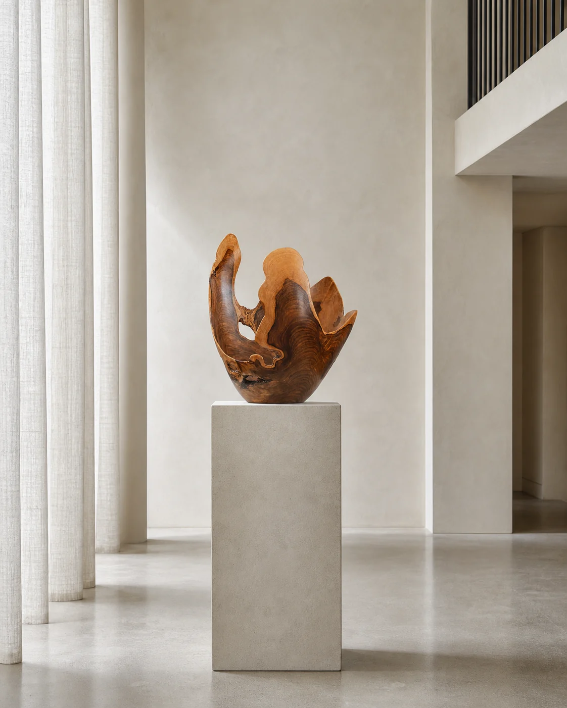 A sculptural Wild Olive vessel by Rodney Band displayed on a tall stone plinth in a quiet contemporary interior.