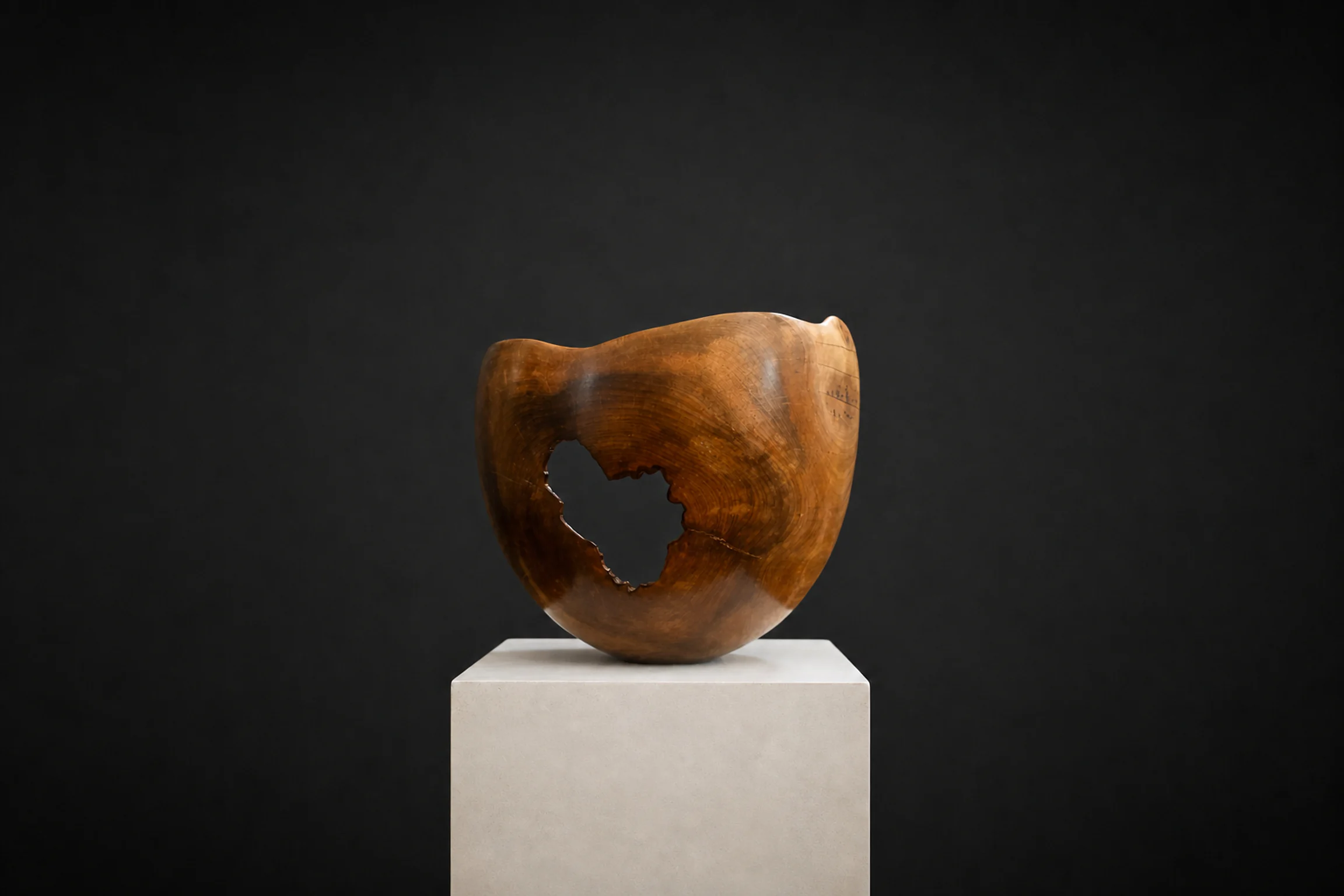 Large Natural-Edged Stinkwood Bowl, a one-of-one Stinkwood sculpture by Rodney Band, centred on a warm limestone plinth against a charcoal studio ground.