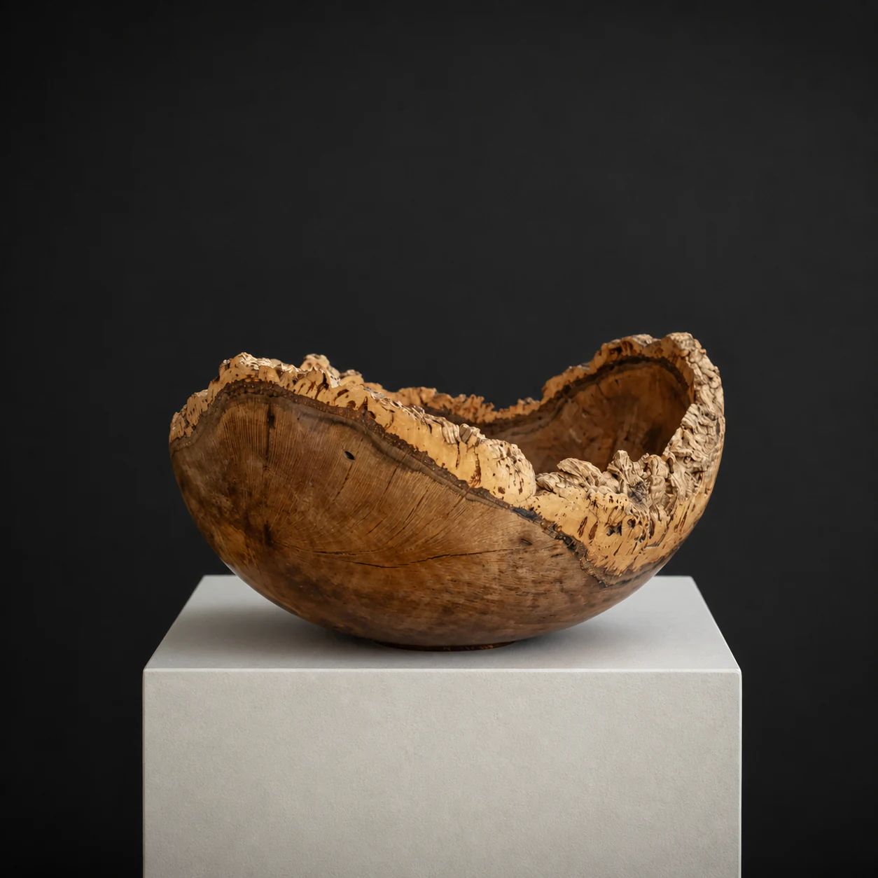 Large Cork Oak Bowl, a one-of-one Cork Oak sculpture by Rodney Band, centred on a warm limestone plinth against a charcoal studio ground.