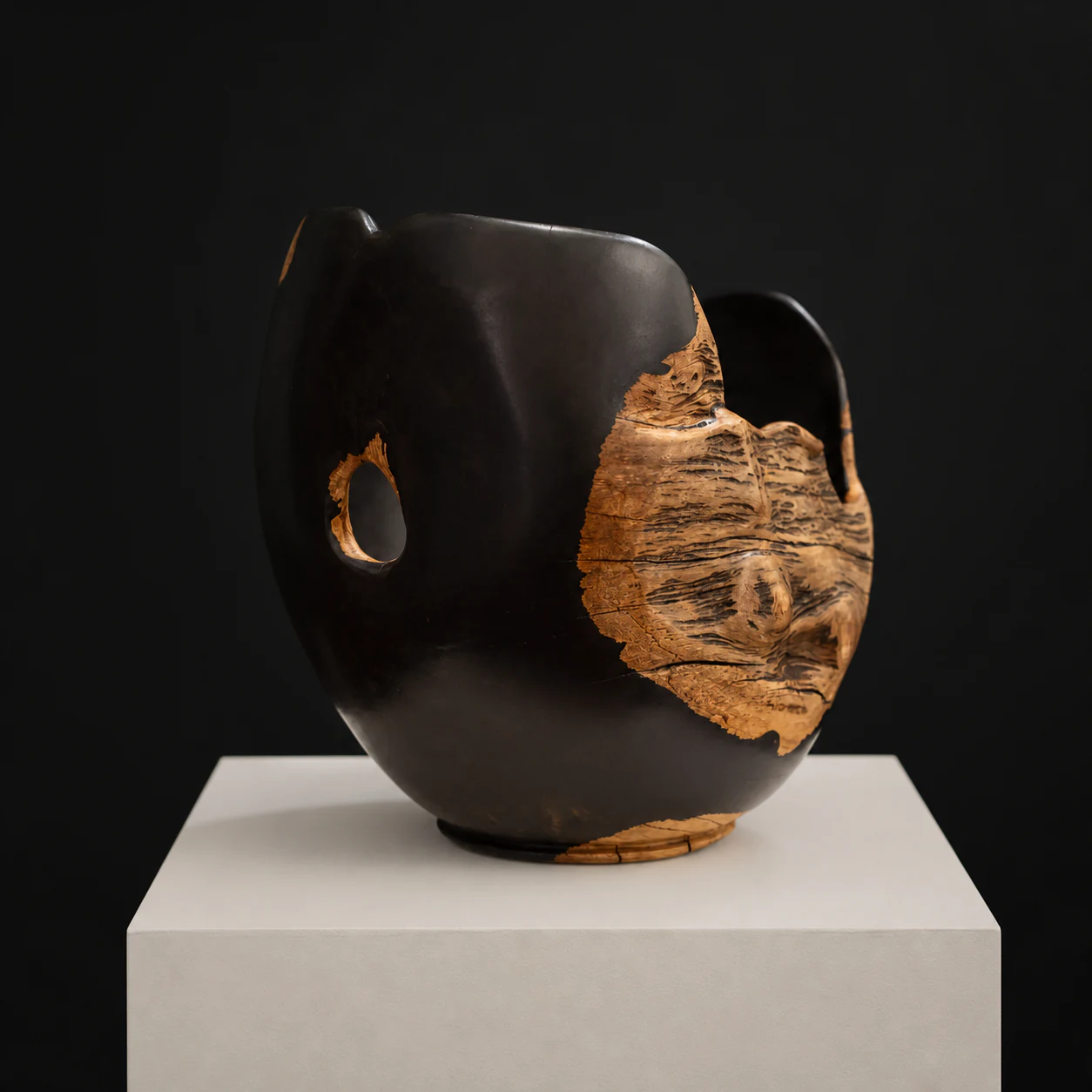 Large Natural-Edged African Blackwood Bowl, a one-of-one African Blackwood sculpture by Rodney Band, centred on a warm limestone plinth against a charcoal studio ground.