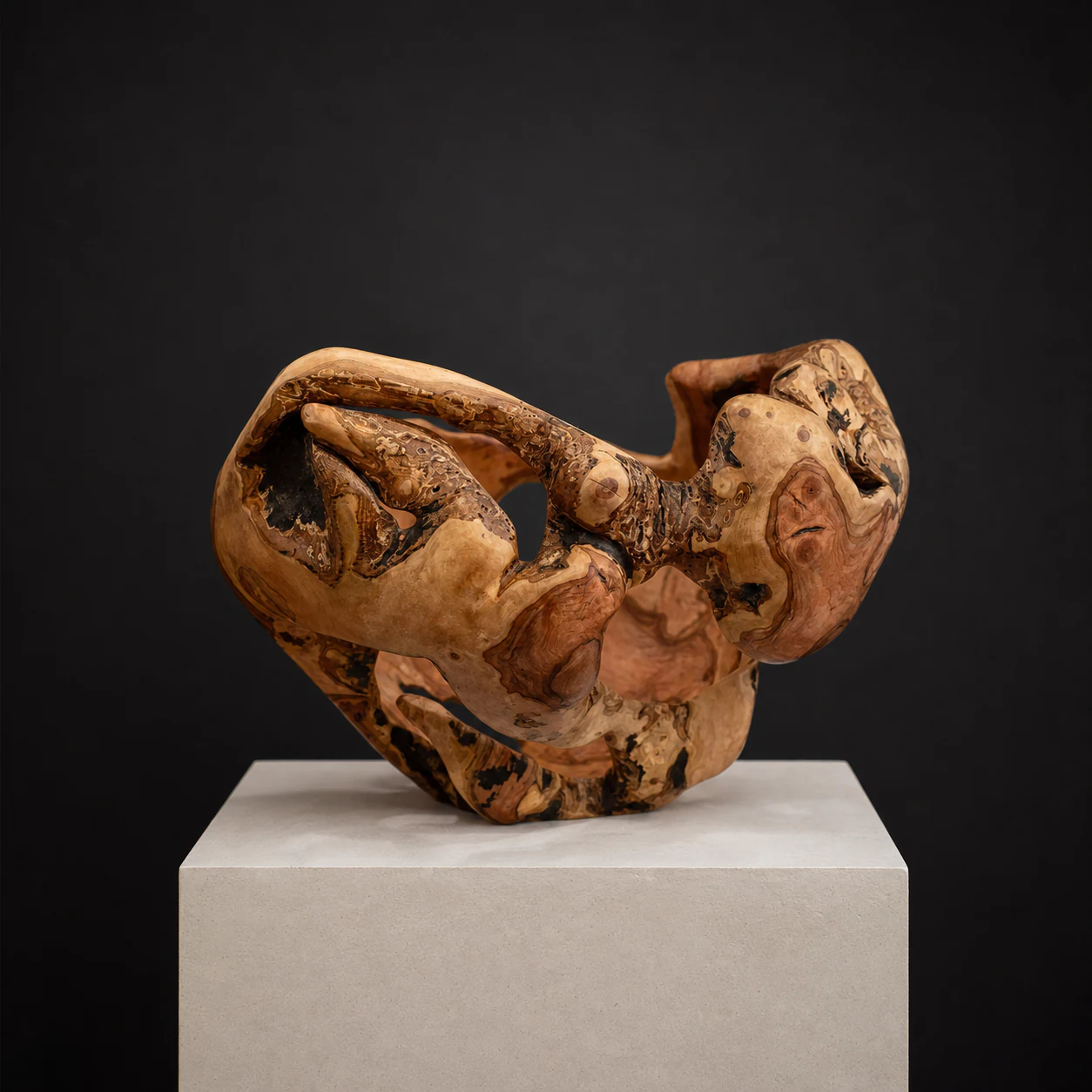Large Sculptural Wild Olive Root Bowl, a one-of-one Wild Olive sculpture by Rodney Band, centred on a warm limestone plinth against a charcoal studio ground.