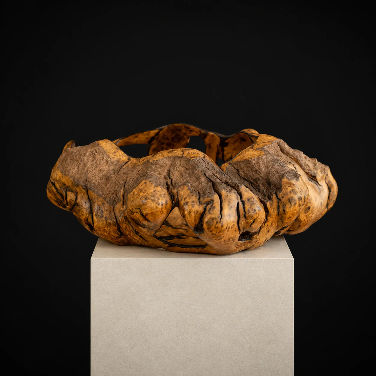 Large Sculptural Wild Olive, a one-of-one Wild Olive sculpture by Rodney Band, centred on a warm limestone plinth against a charcoal studio ground.