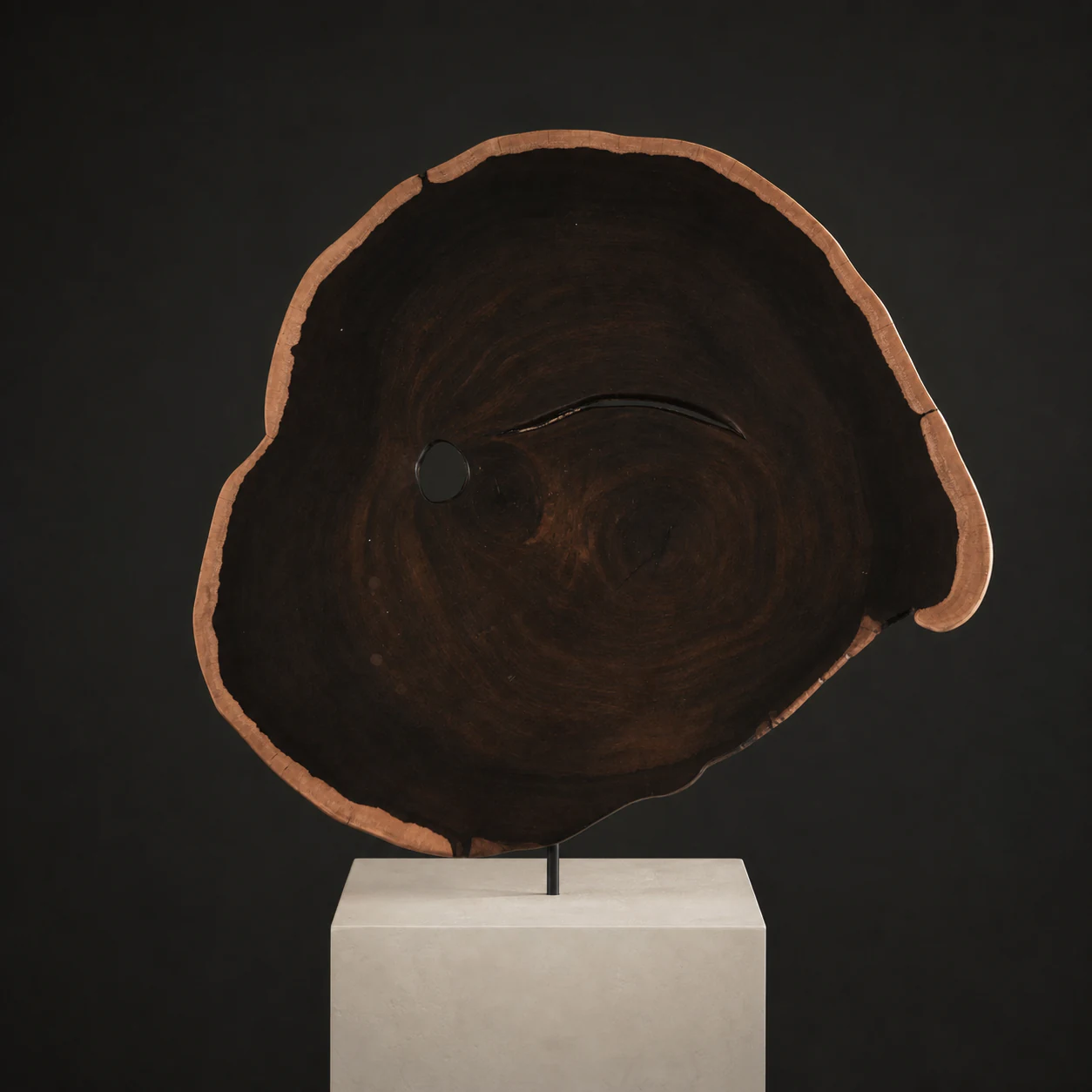Lead Wood Platter, a one-of-one Lead Wood sculpture by Rodney Band, centred on a warm limestone plinth against a charcoal studio ground.