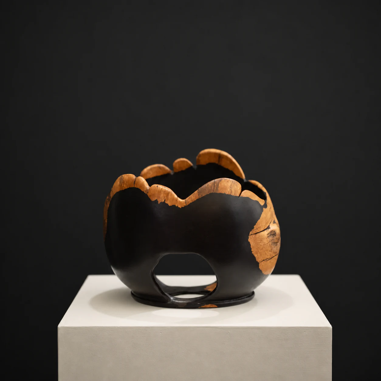 Medium Natural-Edged African Blackwood Bowl, a one-of-one African Blackwood sculpture by Rodney Band, centred on a warm limestone plinth against a charcoal studio ground.