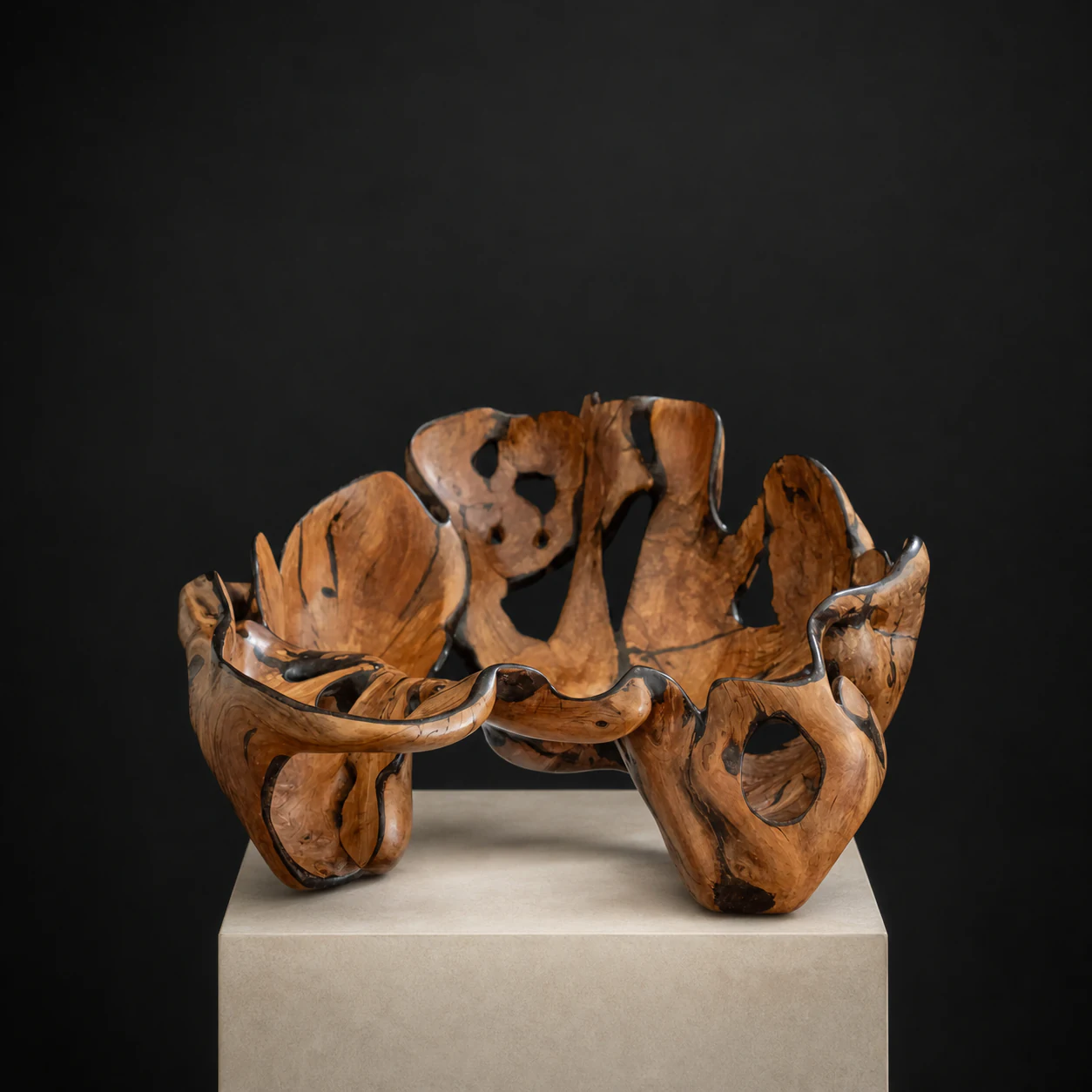 Sculptural Wild Olive Root Bowl, a one-of-one Wild Olive sculpture by Rodney Band, centred on a warm limestone plinth against a charcoal studio ground.