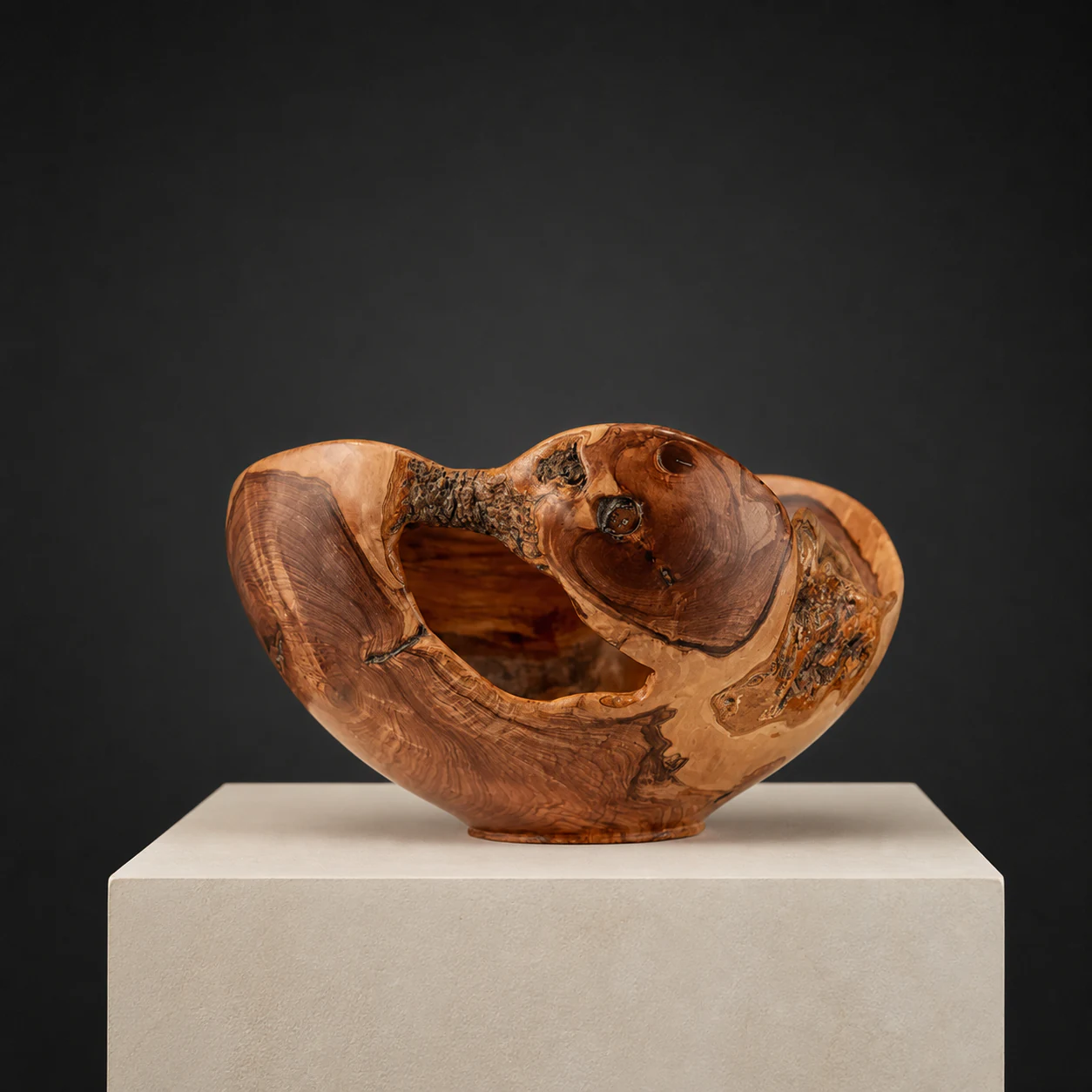 Small Natural-Edge Wild Olive, a one-of-one Wild Olive sculpture by Rodney Band, centred on a warm limestone plinth against a charcoal studio ground.