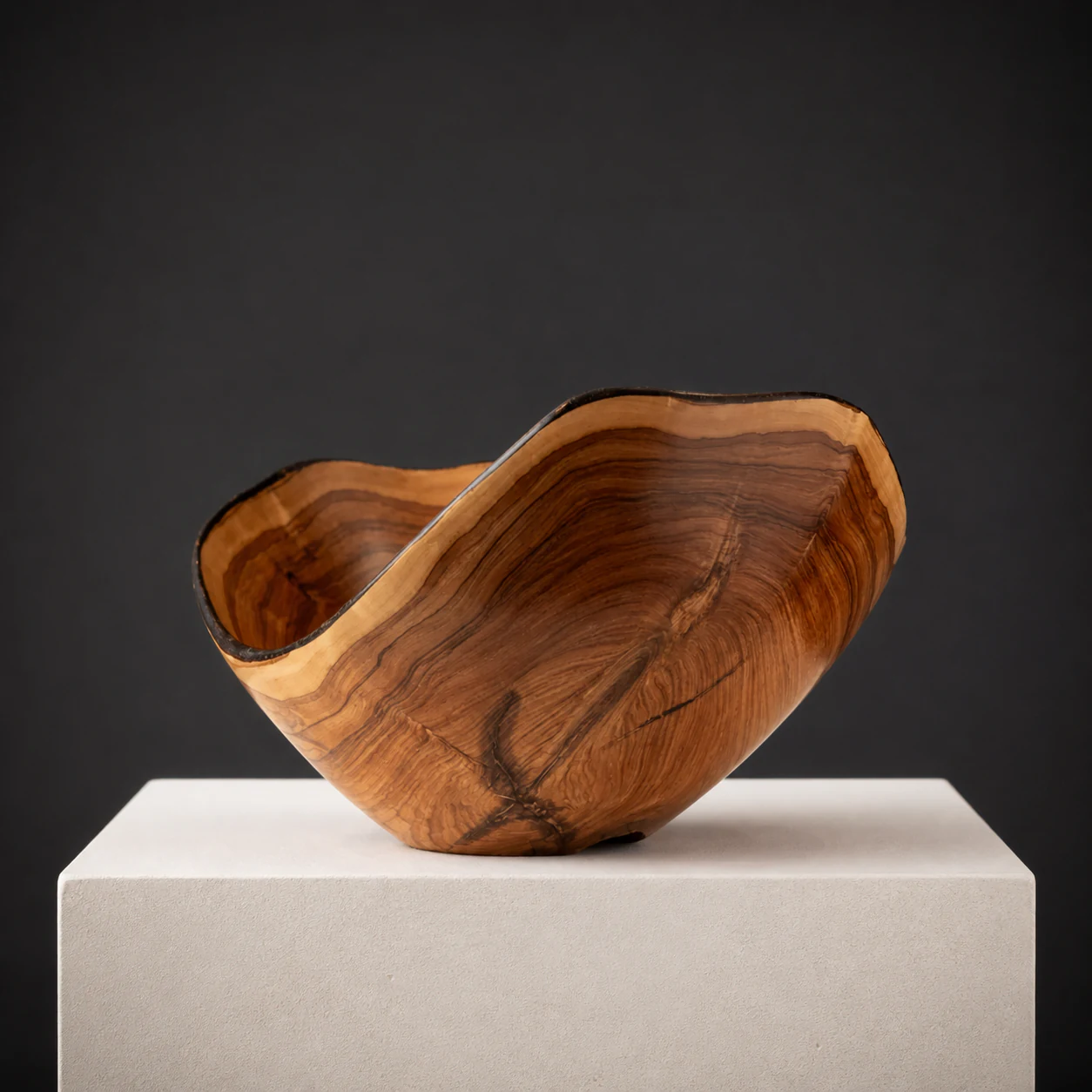 Small Wild Olive with Blackwood Inlay, a one-of-one Wild Olive sculpture by Rodney Band, centred on a warm limestone plinth against a charcoal studio ground.