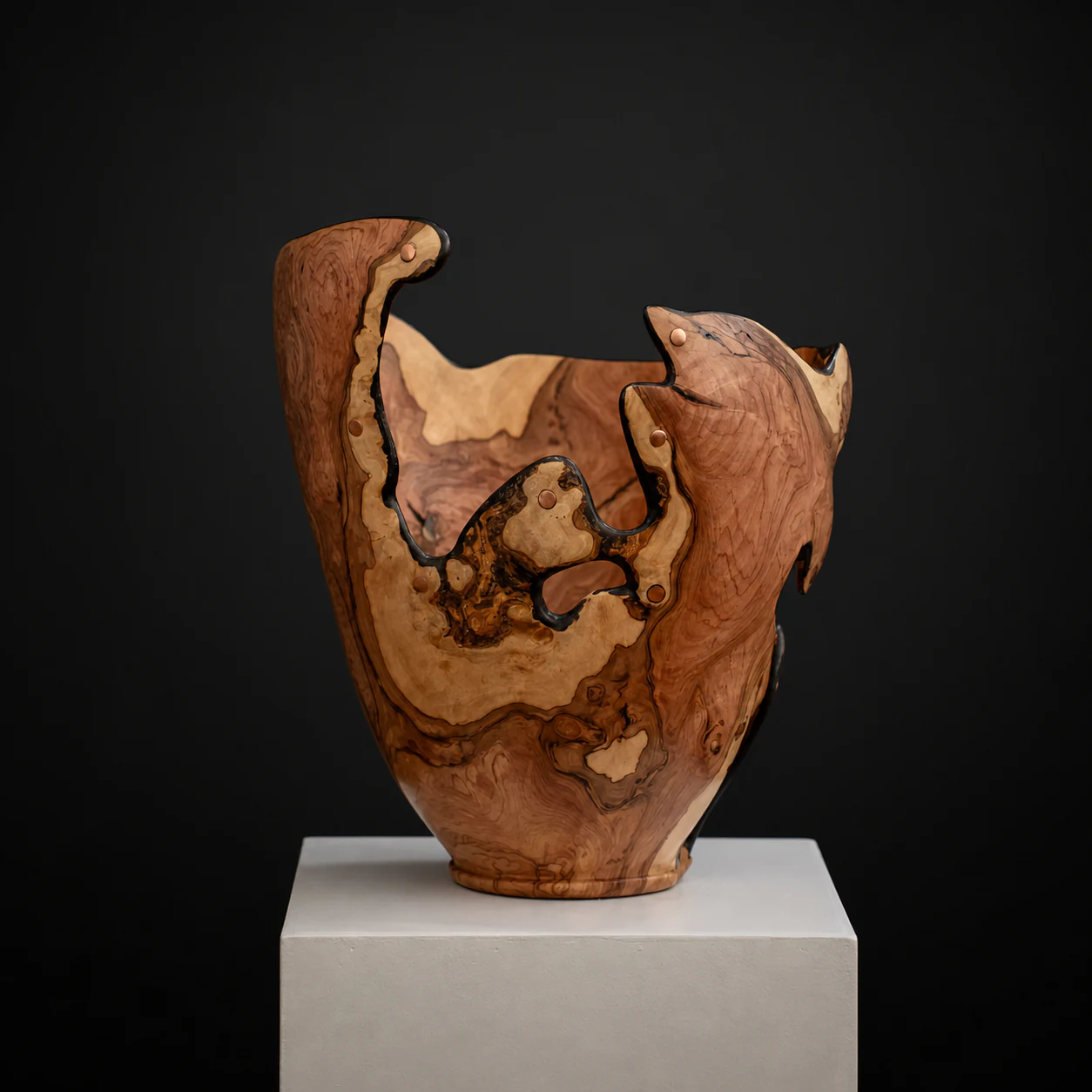 Tall Sculptural Wild Olive Bowl, a one-of-one Wild Olive sculpture by Rodney Band, centred on a warm limestone plinth against a charcoal studio ground.