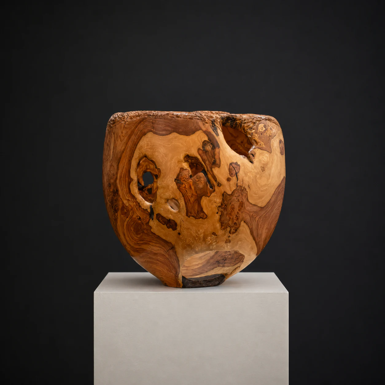 Tall Wild Olive Bowl, a one-of-one Wild Olive sculpture by Rodney Band, centred on a warm limestone plinth against a charcoal studio ground.