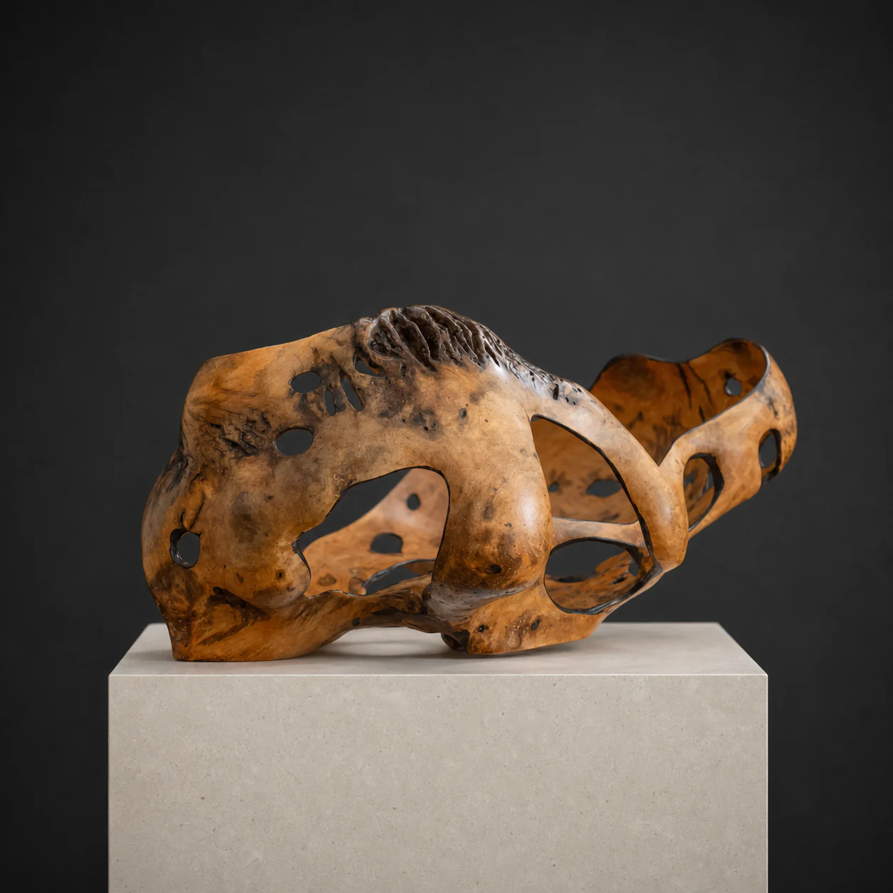 Unidentified Root Bowl, a one-of-one Unidentified Root sculpture by Rodney Band, centred on a warm limestone plinth against a charcoal studio ground.