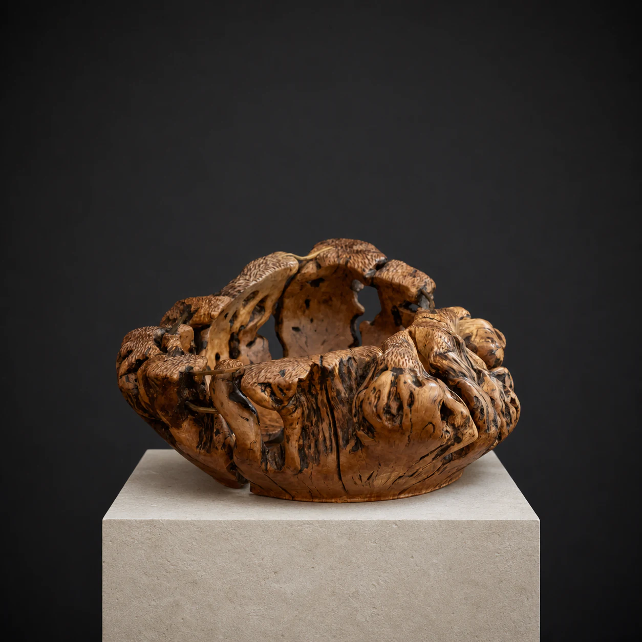 Very Large Wild Olive Root Bowl, a one-of-one Wild Olive sculpture by Rodney Band, centred on a warm limestone plinth against a charcoal studio ground.