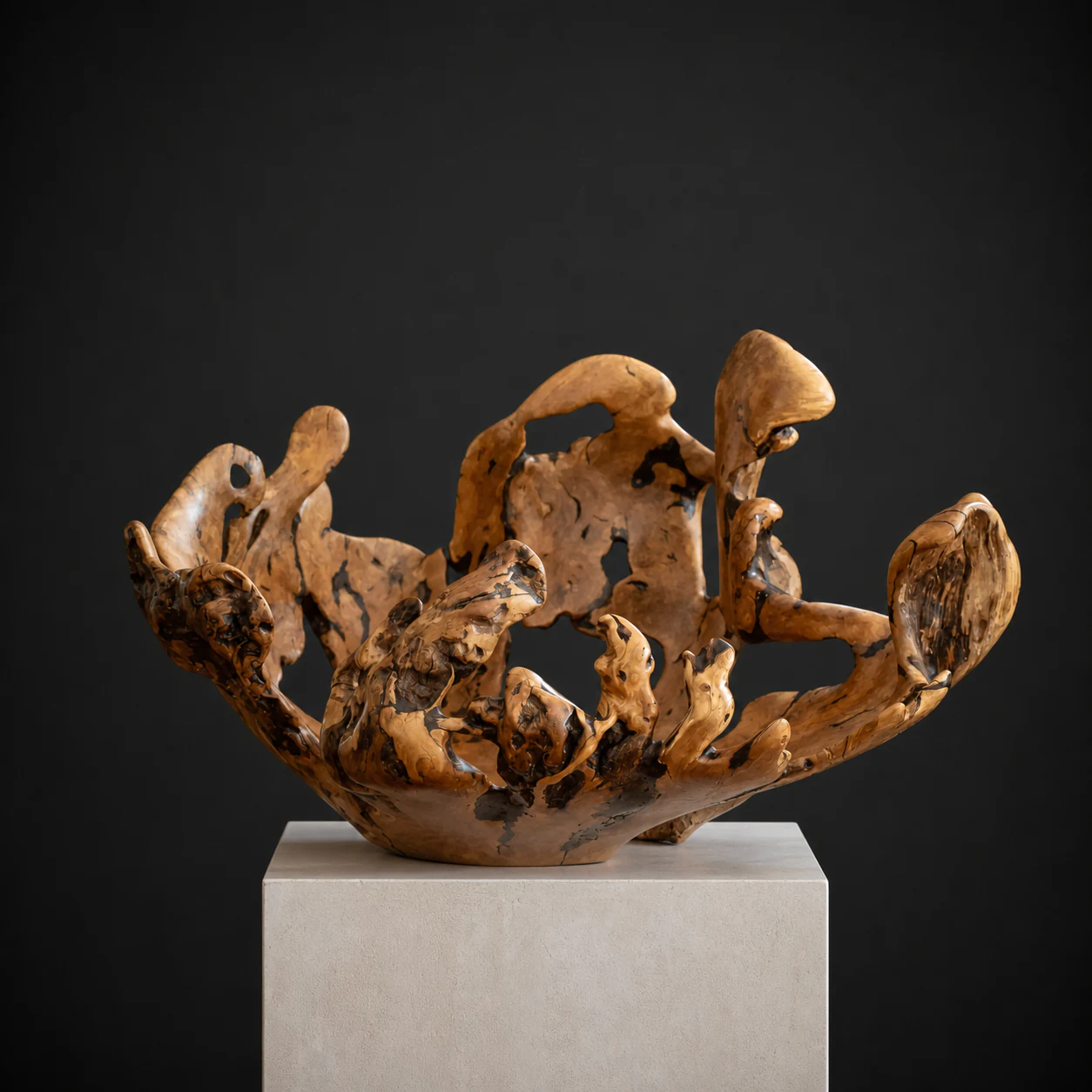 Very Large Wild Olive Root Bowl, a one-of-one Wild Olive sculpture by Rodney Band, centred on a warm limestone plinth against a charcoal studio ground.