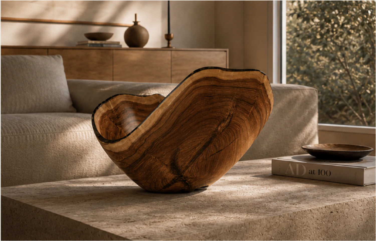 Sculptural wooden vessel presented on a stone table in a quiet interior.