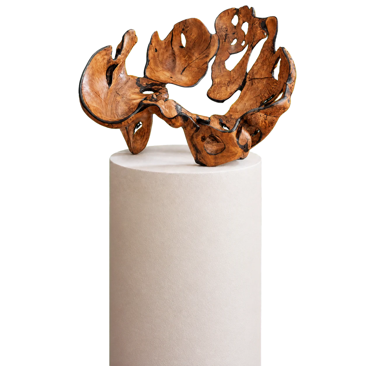 Open sculptural bowl in wild olive root by Rodney Band, formed around the wood's natural voids and edged with dark inlay