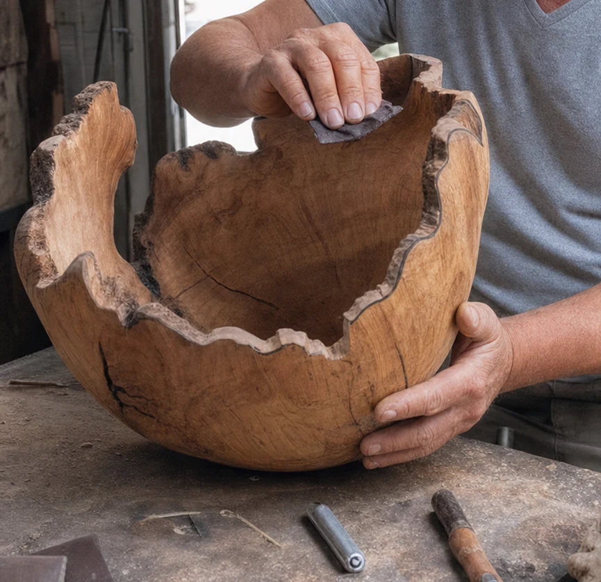 Rodney inspecting and hand-sanding the natural edge of a sculptural bowl.