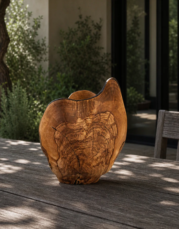 Natural-edged Wild Olive vessel displayed on a weathered table beneath a vine.