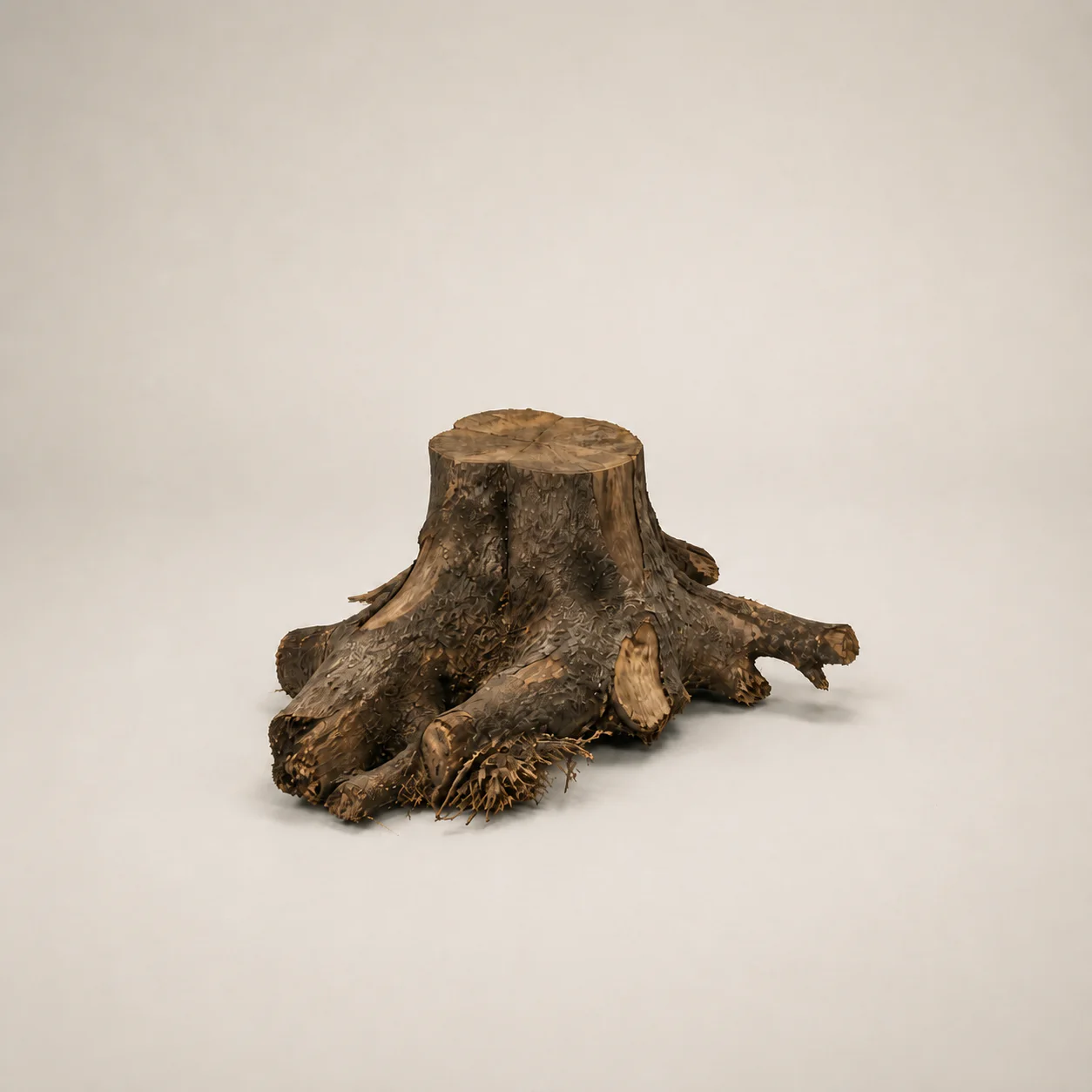 A salvaged hardwood root crown resting on a softly lit studio floor before sculpting begins.